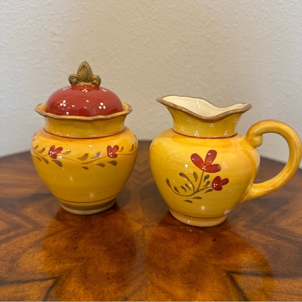 Vintage Bienvenue Yellow and Red Floral Ceramic sugar bowl and creamer s…